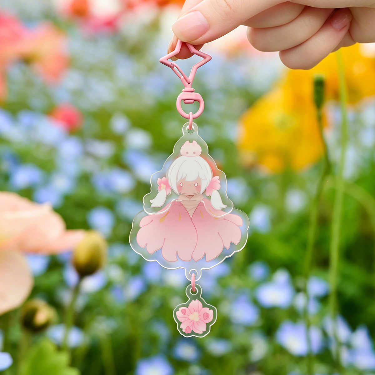 ゆらゆらアクリルキーホルダー - 花笑むピンク